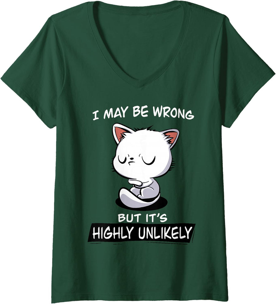 Women's Cat I May Be Wrong But It's Highly Unlikely V-Neck T-Shirt - Dark Green
