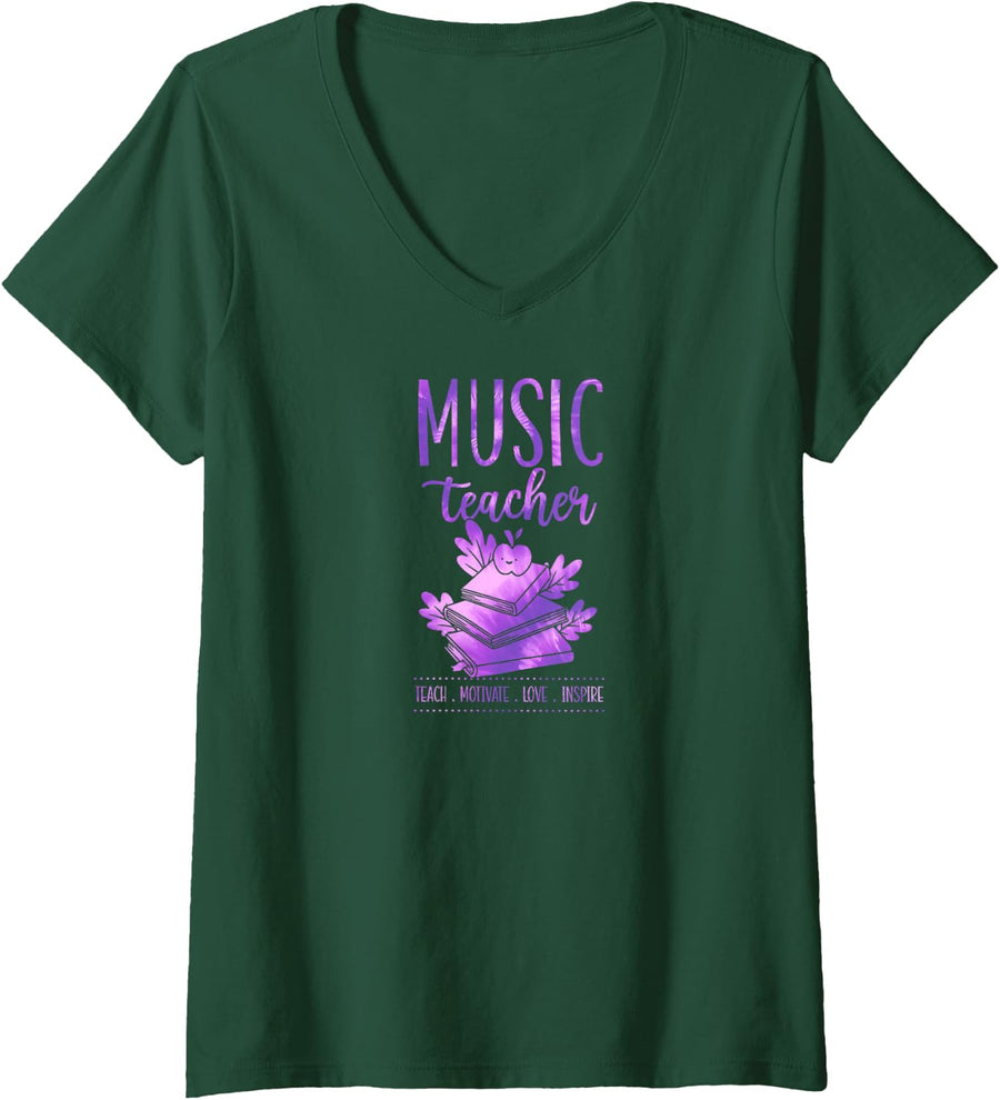 Women's Music Teacher Teach Motivate Love Inspire School Motto V-Neck T-Shirt - Dark Green