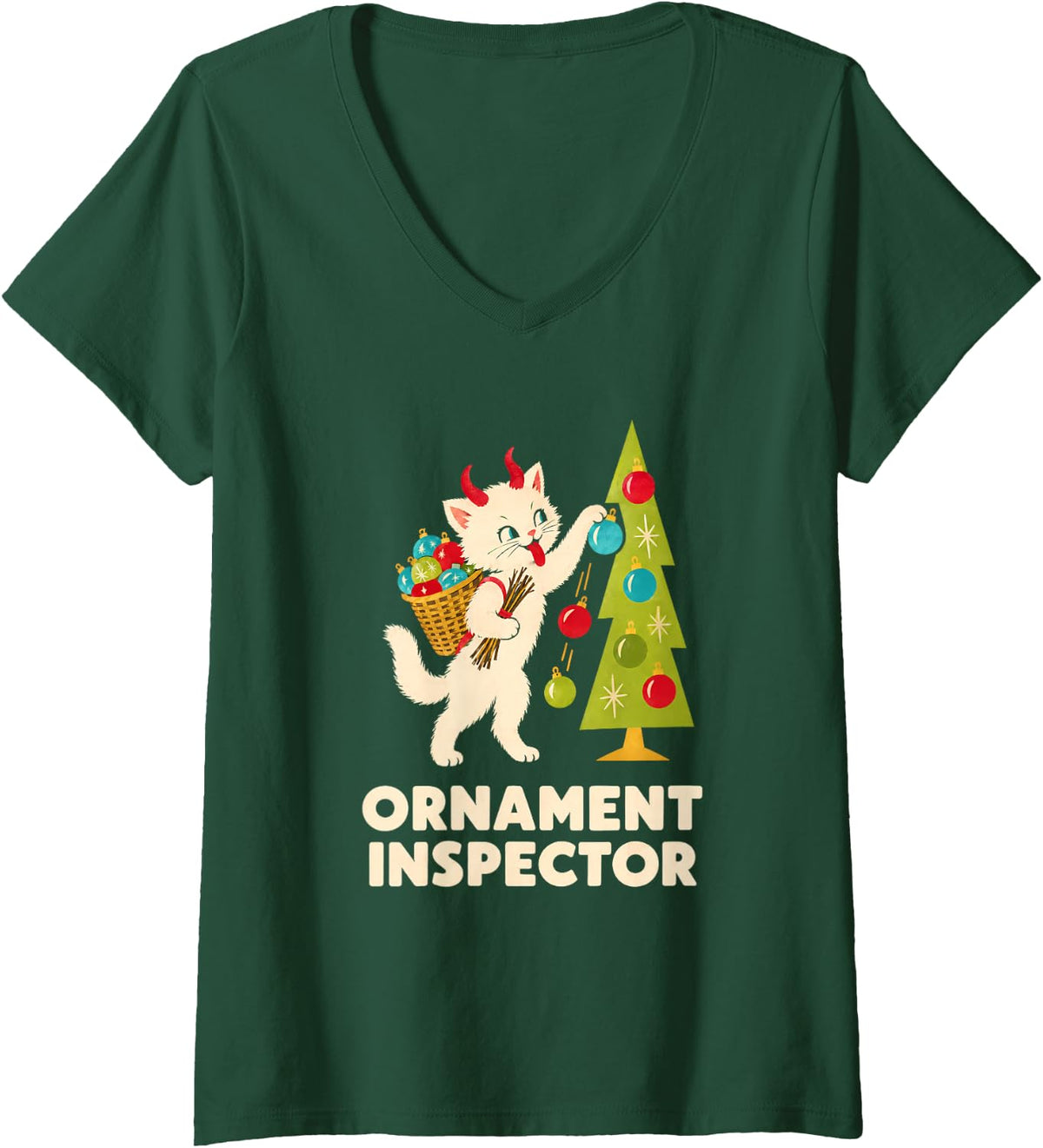 Women's Ornament Inspector Funny Christmas Cat Retro Krampus Kitten V-Neck T-Shirt - Dark Green
