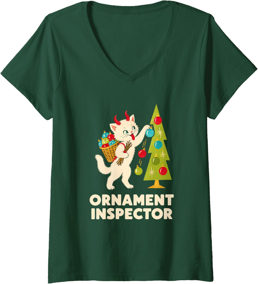 Women's Ornament Inspector Funny Christmas Cat Retro Krampus Kitten V-Neck T-Shirt - Dark Green