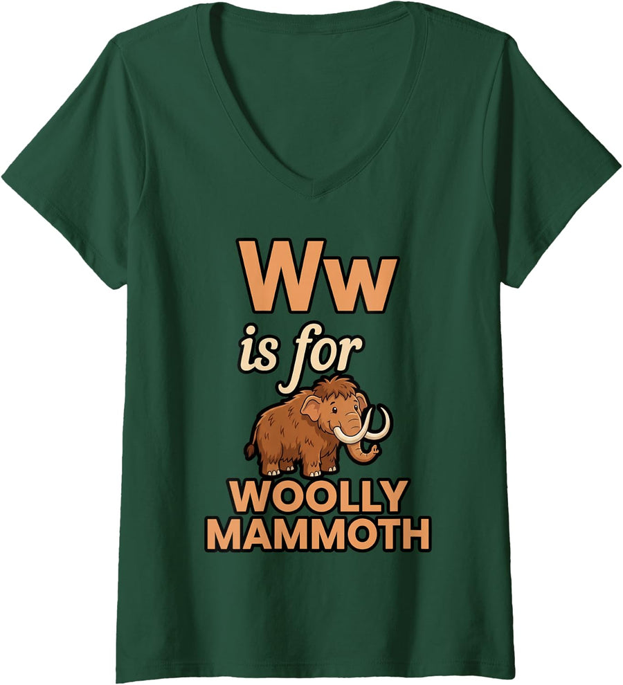 Women's Mammoths Extinct Animal Ww is for Woolly Mammoth V-Neck T-Shirt - Dark Green