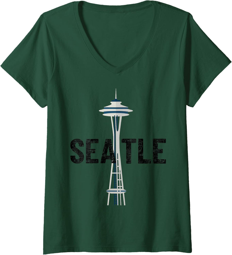 Womens Cool Seattle Space Needle Traveler Souvenir Washington State V-Neck T-Shirt - Dark Green