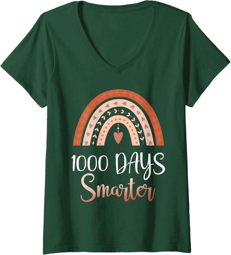 Women's 1000 Days Smarter Happy 1000th Day of School Rainbow V-Neck T-Shirt - Dark Green