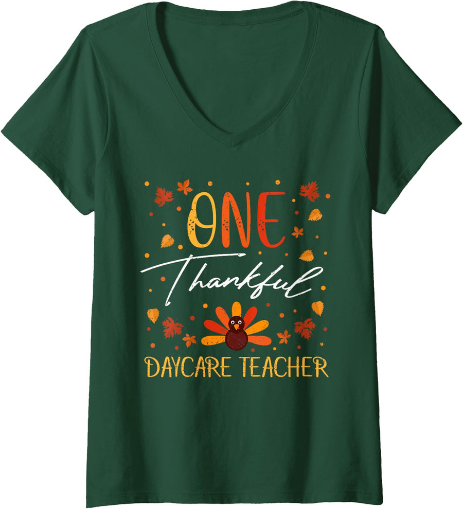 Women's One Thankful Daycare Teacher Thanksgiving Vintage Fall V-Neck T-Shirt - Dark Green