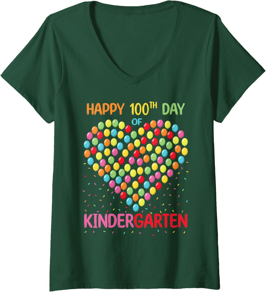 Womens Cute Heart 100 Balloons Happy 100th Day School Kindergarten V-Neck T-Shirt - Dark Green