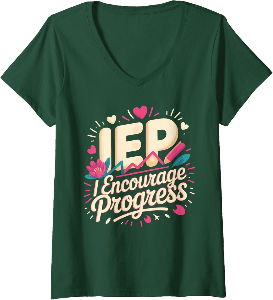 Women's IEP I Encourage Progress Special Education SPED V-Neck T-Shirt - Dark Green
