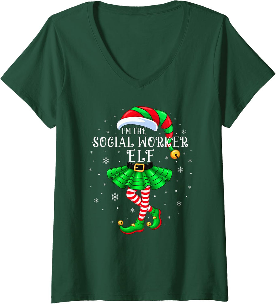 Women's Family Matching Women I'm The Social Worker Elf Christmas V-Neck T-Shirt - Dark Green