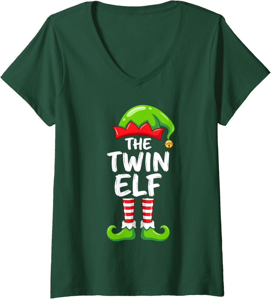 Women's The Twin Elf Cute Christmas Pajama Party Family Group V-Neck T-Shirt - Dark Green