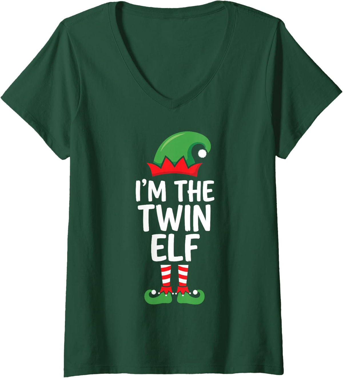 Women's I'm the Twin Elf Ugly Christmas Party Funny Family Matching V-Neck T-Shirt - Dark Green