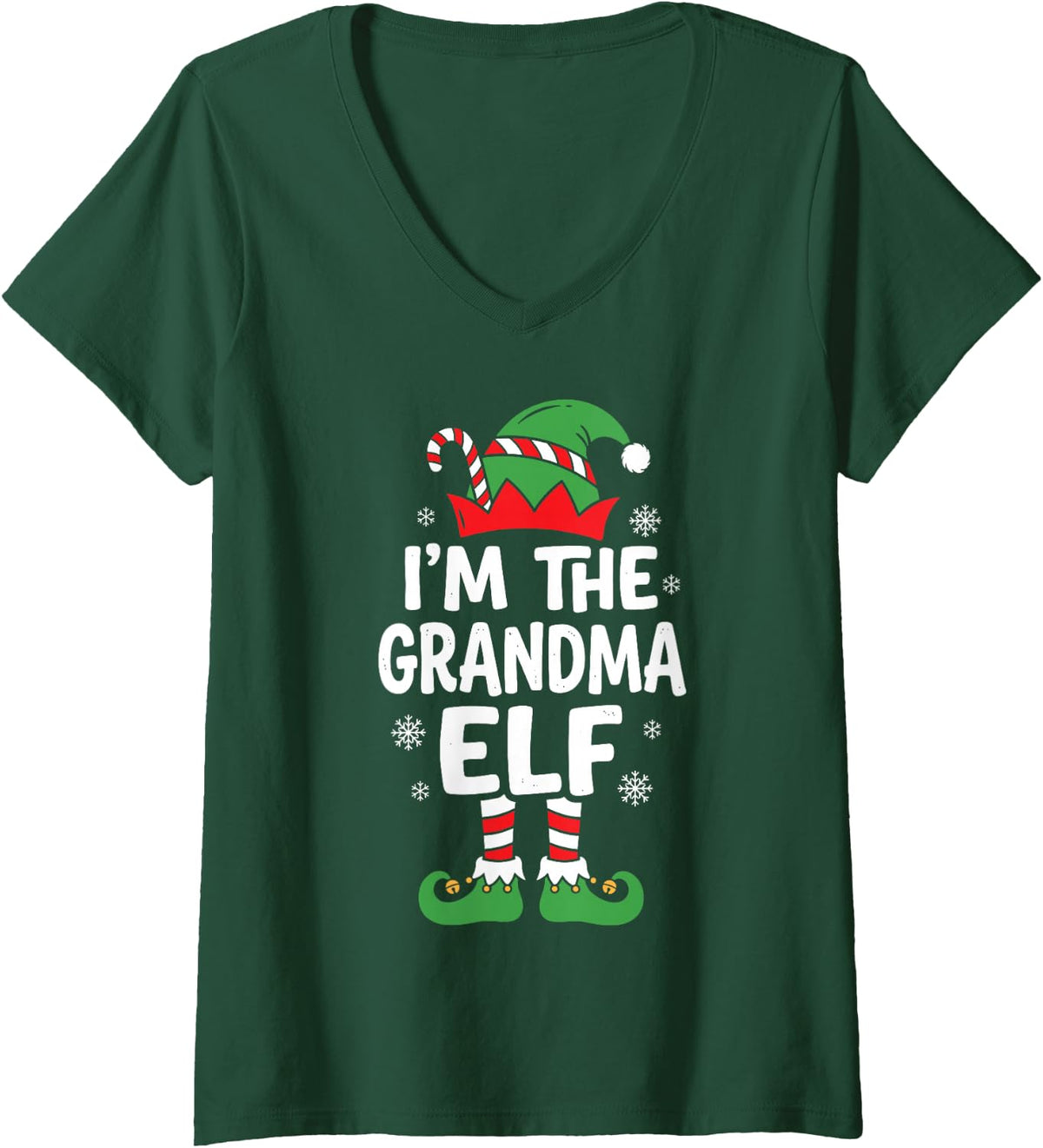 Women's I'm the Grandma Elf Cute Christmas Pajama Party Family Group V-Neck T-Shirt - Dark Green