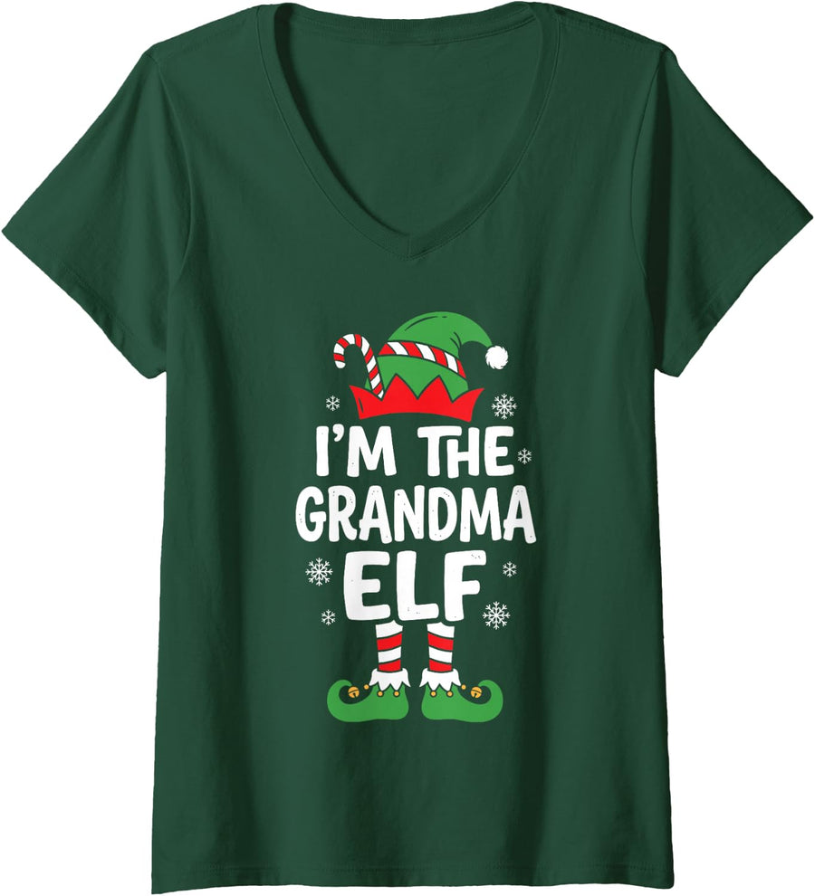Women's I'm the Grandma Elf Cute Christmas Pajama Party Family Group V-Neck T-Shirt - Dark Green