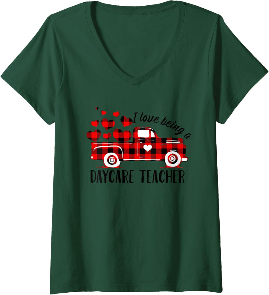 Women's I Love Being A Daycare Teacher Cute Flannel Valentine's Day V-Neck T-Shirt - Dark Green