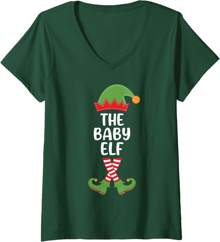 Women's The Baby Elf Holiday Season Merry Xmas Family Matching V-Neck T-Shirt - Dark Green