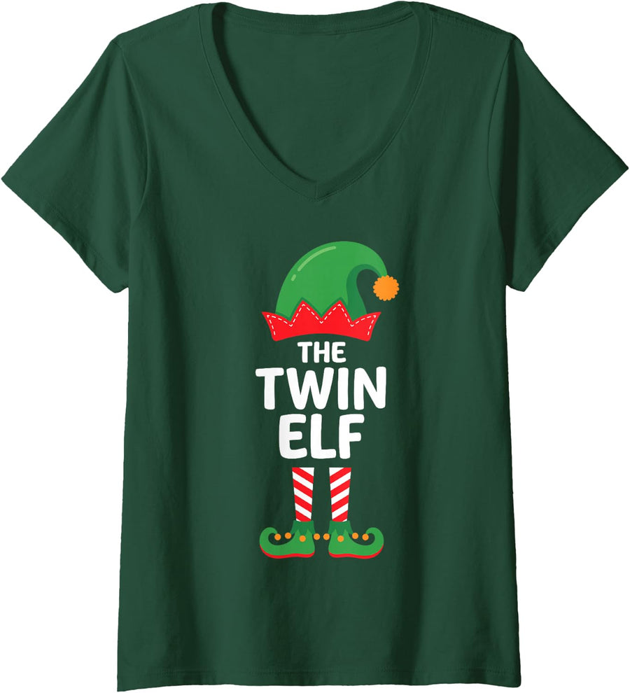 Women's The Twin Elf Ugly Christmas Party Funny Family Matching V-Neck T-Shirt - Dark Green