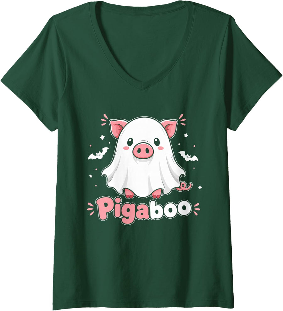 Women's Pigaboo Cute Pig Ghost Halloween V-Neck T-Shirt - Dark Green