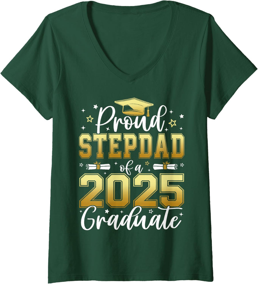 Women's Proud Stepdad of A Class of 2025 Graduate 2025 Senior V-Neck T-Shirt - Dark Green