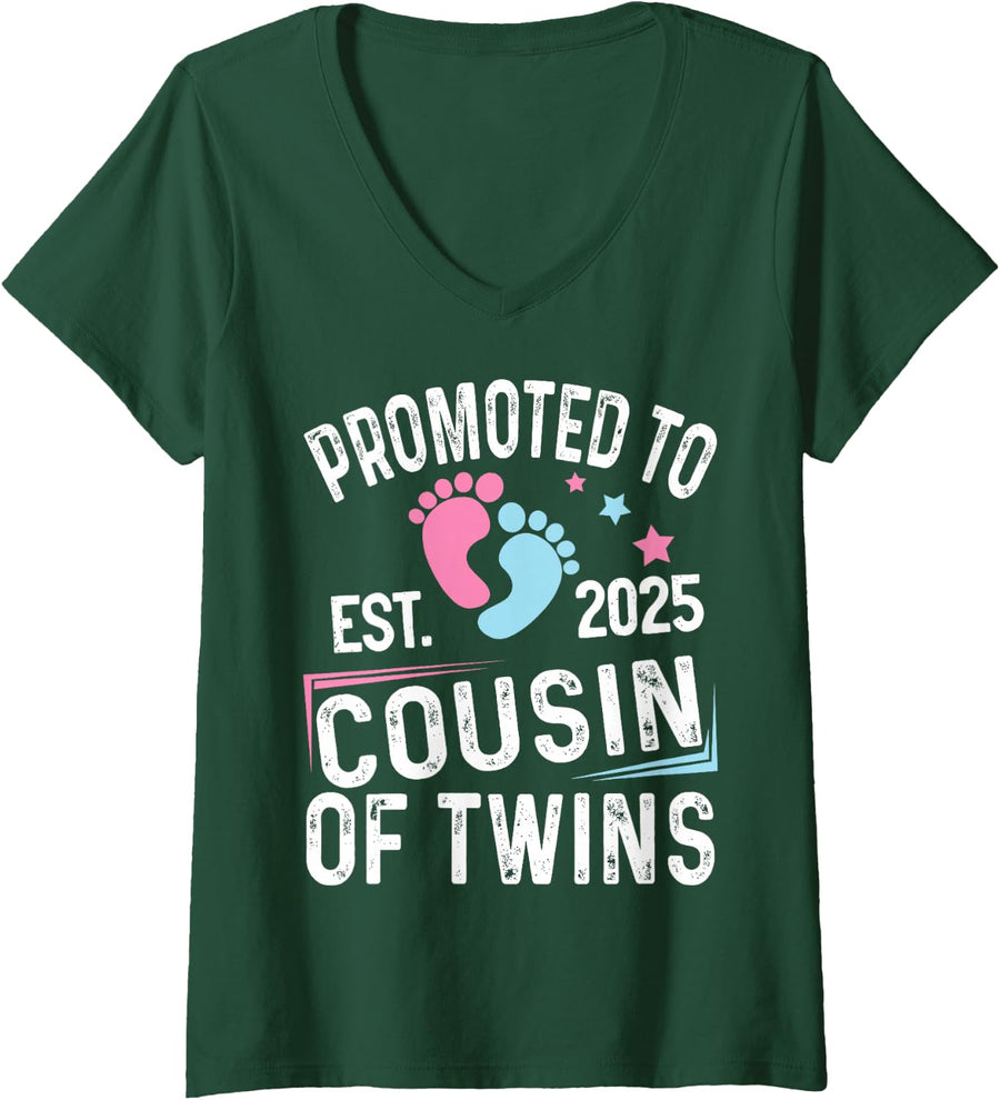 Women's Promoted to Cousin of Twins at Baby Shower 2025 V-Neck T-Shirt - Dark Green