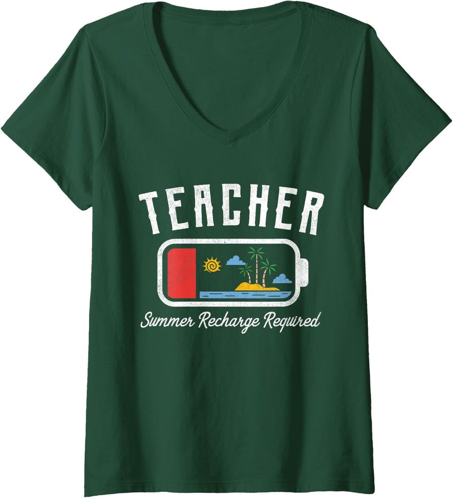 Women's Teacher Summer Recharge Required Last Day School Men Women V-Neck T-Shirt - Dark Green