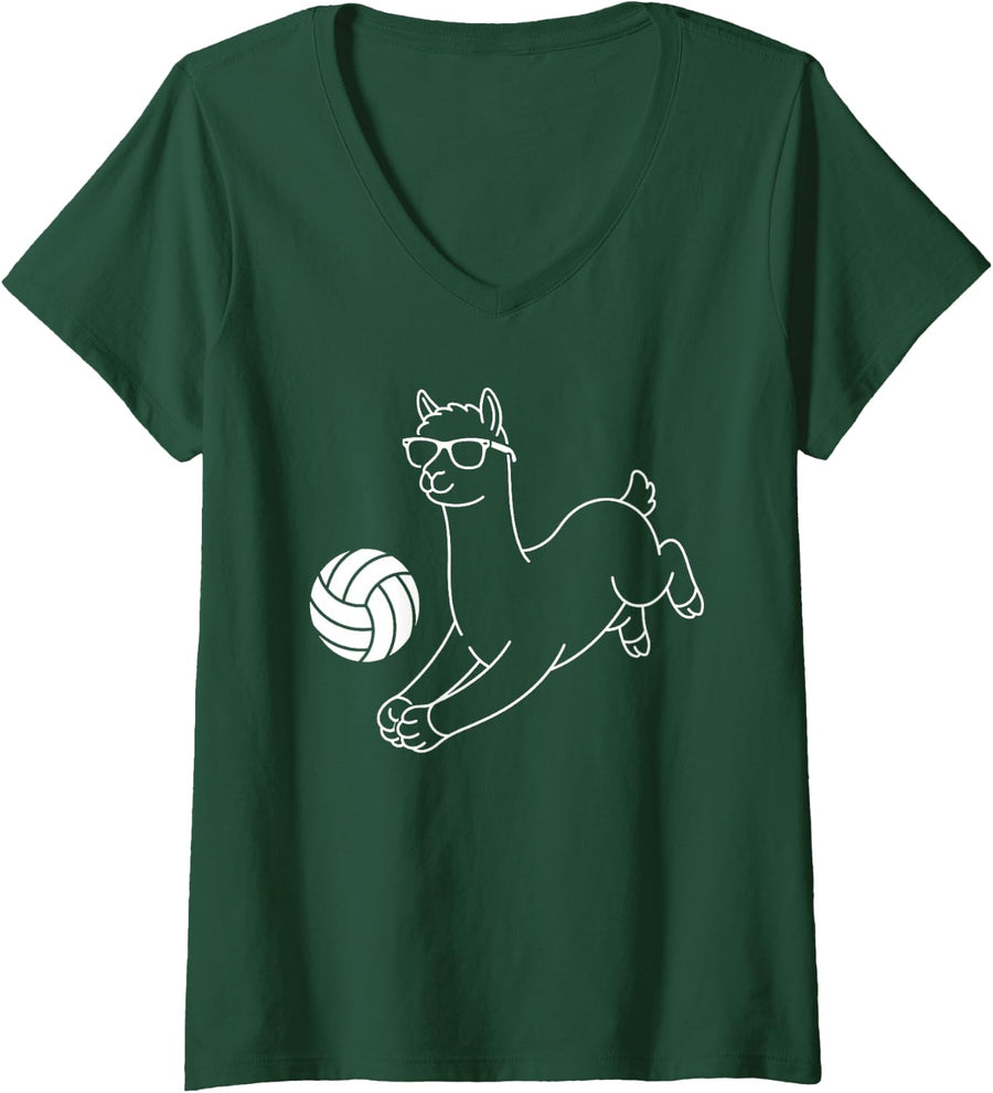 Women's Llama Alpaca Wearing Sunglasses Volleyball Funny V-Neck T-Shirt - Dark Green