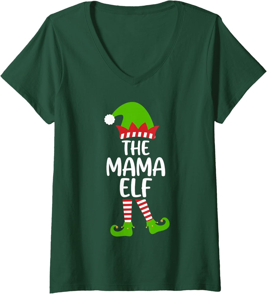 Women's I'm the Mama Elf Holiday Xmas Party Matching Family Group V-Neck T-Shirt - Dark Green