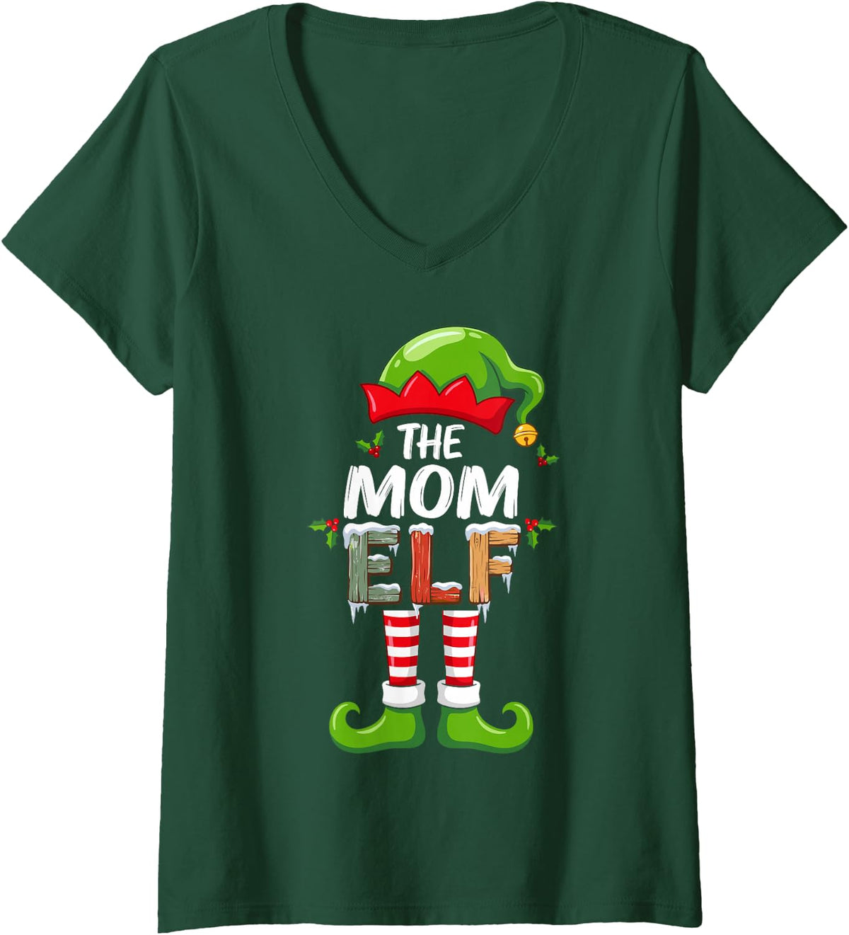 Women's The Mom Elf Funny Christmas Morning Family Matching Crew V-Neck T-Shirt - Dark Green