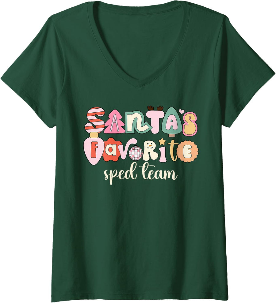 Women's Santa's Favorite Sped Team Special Ed Christmas Teacher V-Neck T-Shirt - Dark Green