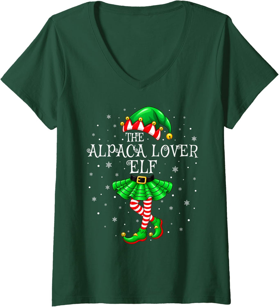 Women's Alpaca Lover Elf Christmas Family Matching Pajamas Elf Squad V-Neck T-Shirt - Dark Green