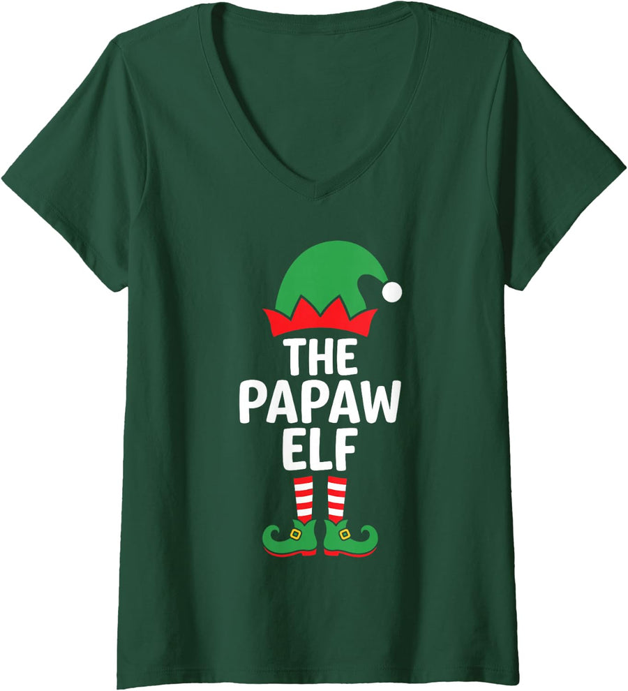 Women's The Papaw Elf Funny Christmas Eve Matching Family Team V-Neck T-Shirt - Dark Green