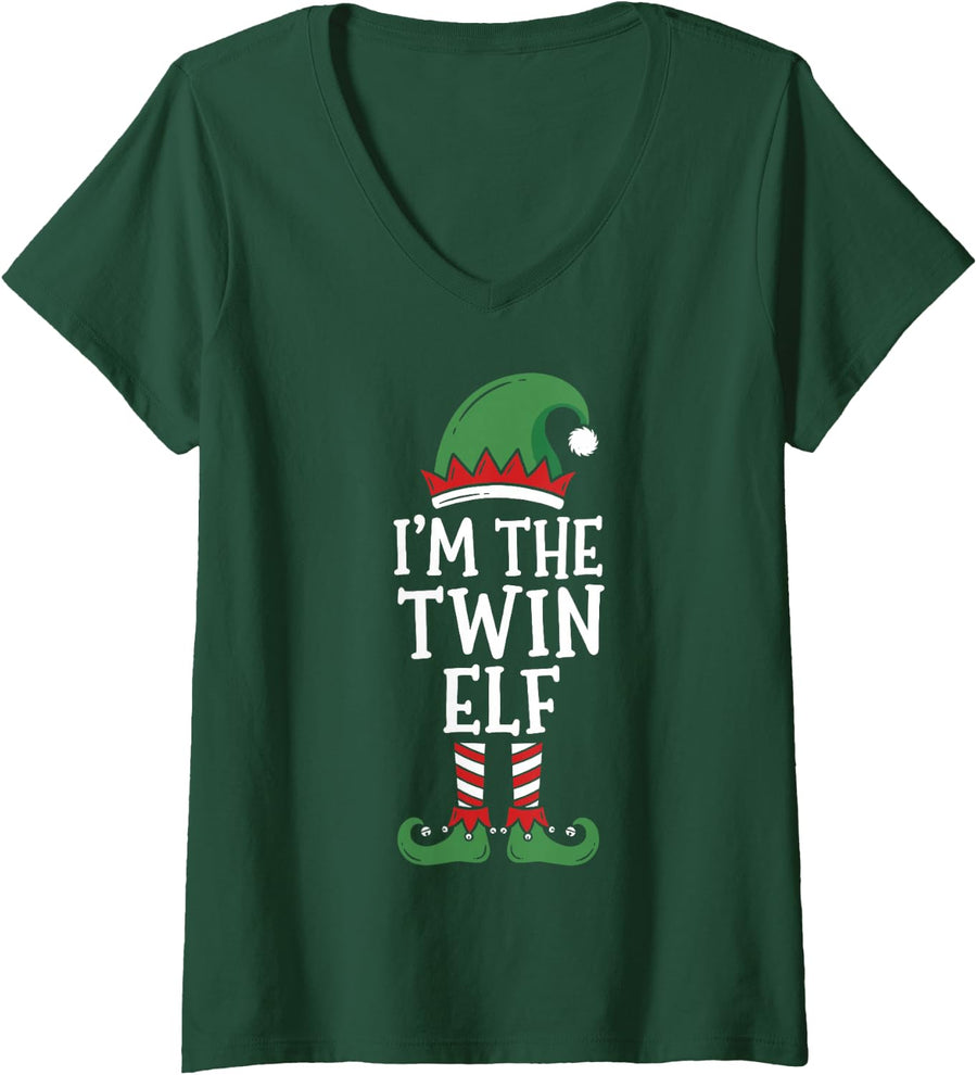 Women's I'm the Twin Elf Matching Family Christmas 2026 Funny Crew V-Neck T-Shirt - Dark Green