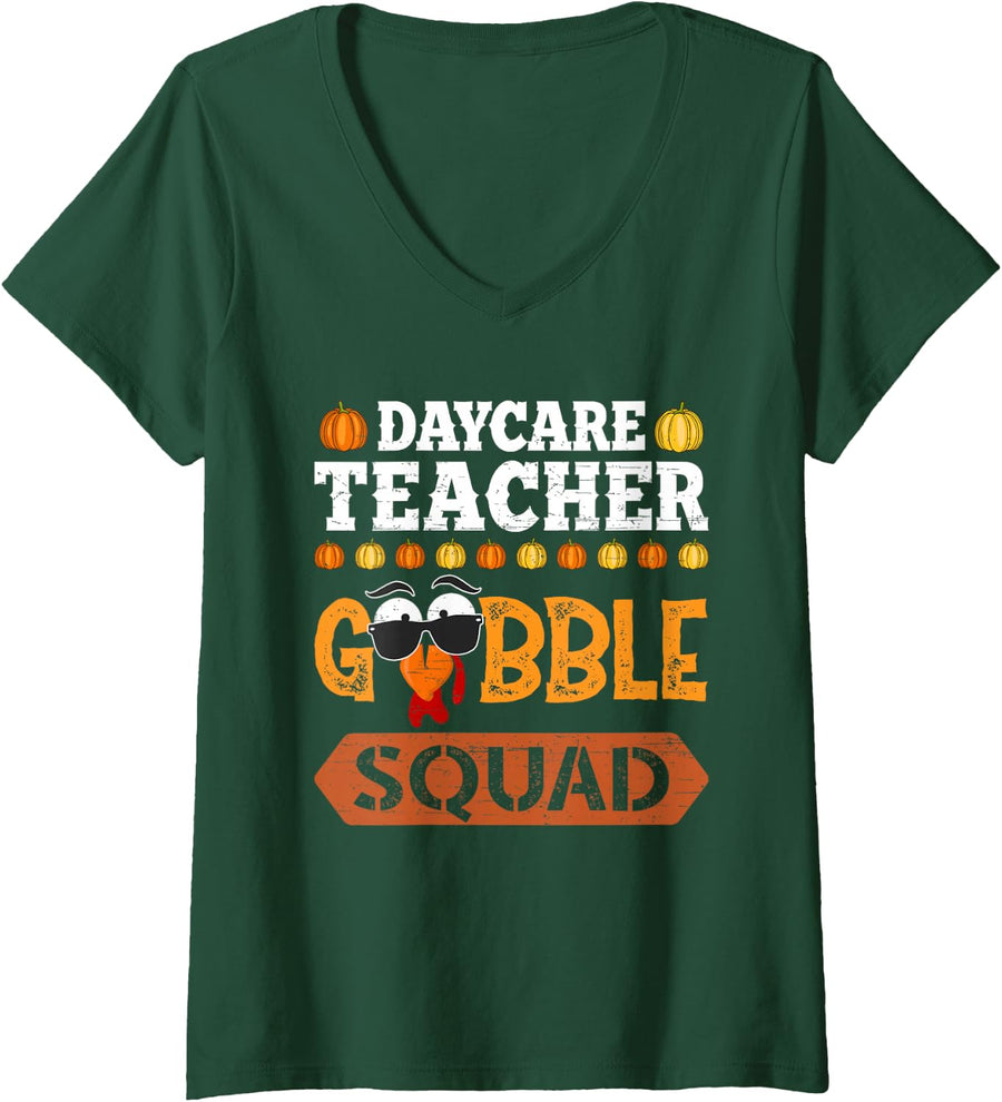 Women's Daycare Teacher Gobble Squad Turkey Thanksgiving V-Neck T-Shirt - Dark Green