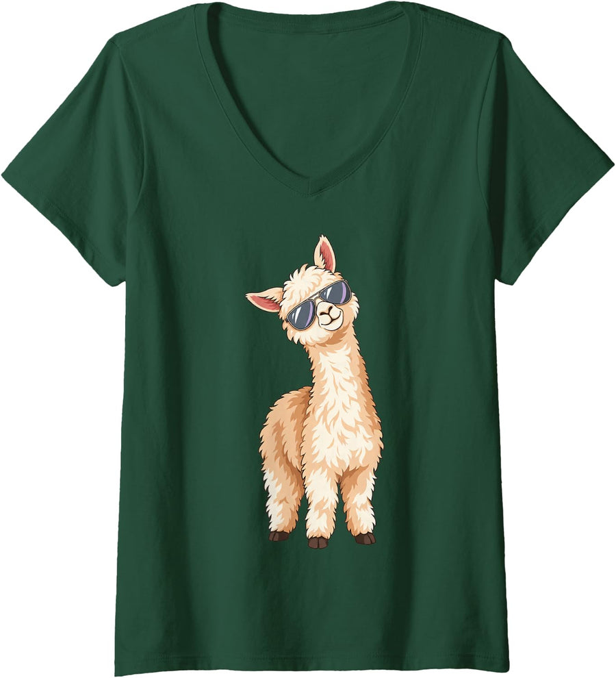 Women's Fluffy Alpaca in Aviator Sunglasses V-Neck T-Shirt - Dark Green