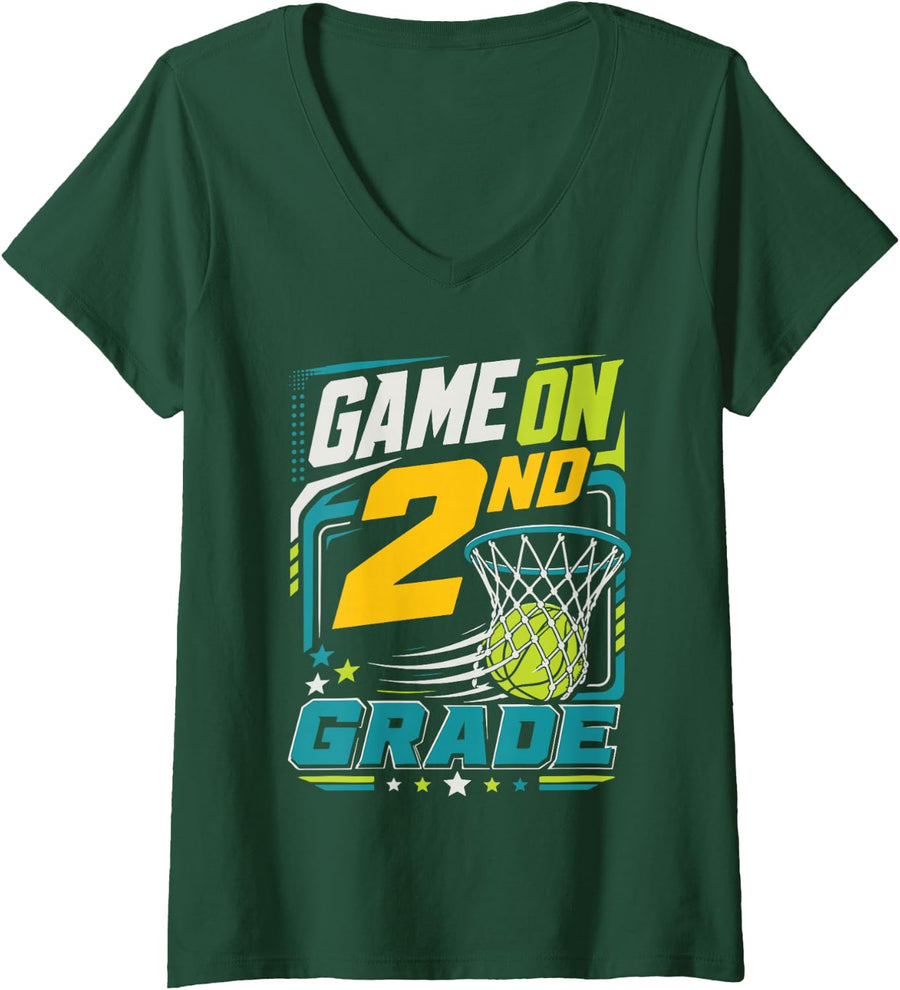 Women's Game On 2nd Grade Basketball School Spirit V-Neck T-Shirt - Dark Green