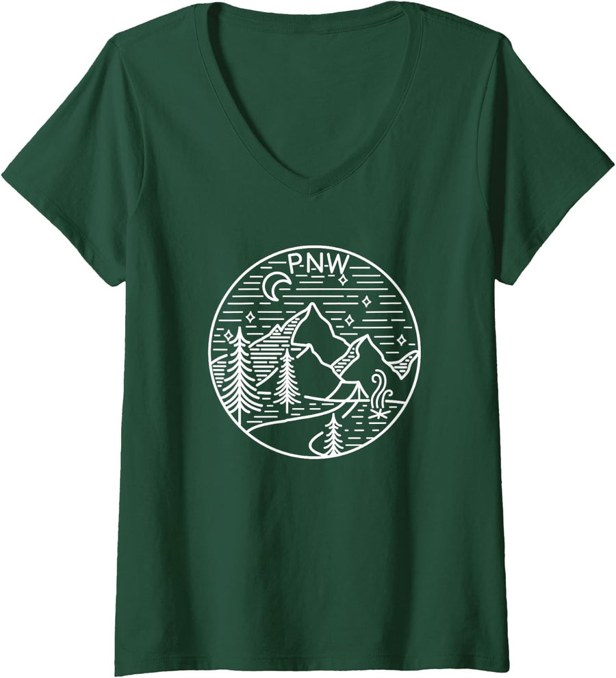 Womens Pacific Northwest Outdoors Trees Mountain V-Neck T-Shirt - Dark Green