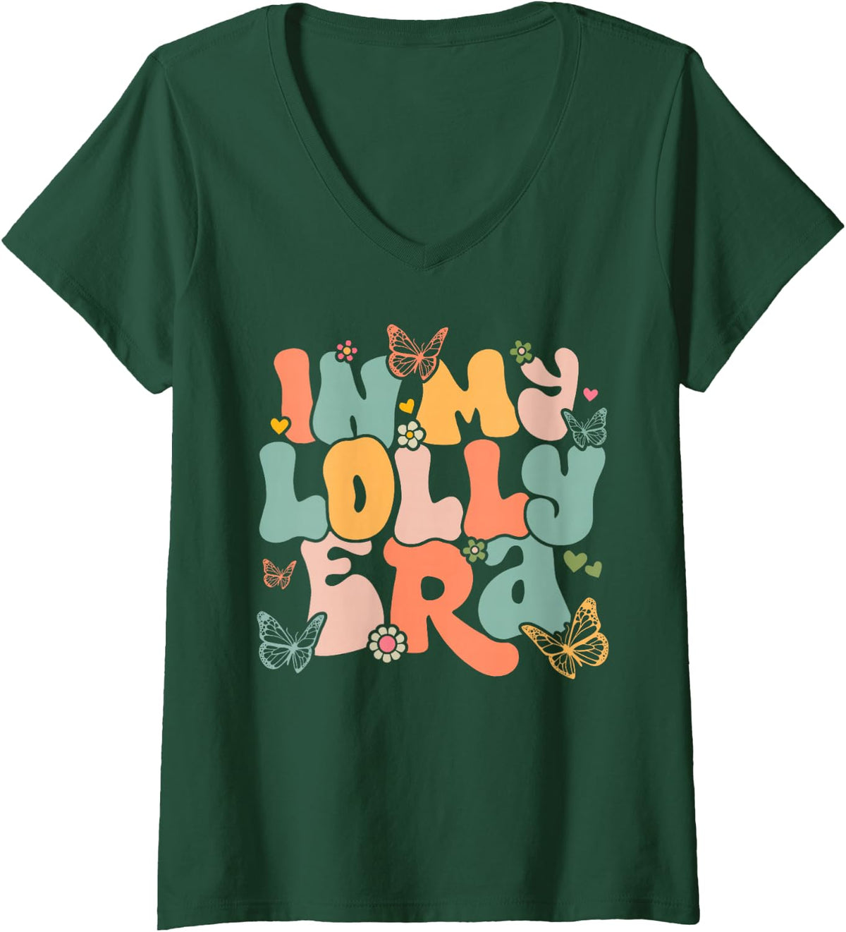 Women's Retro Groovy in My Lolly Era Mother's Day V-Neck T-Shirt - Dark Green