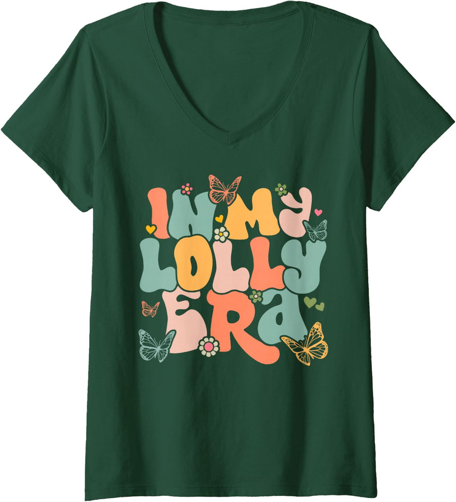 Women's Retro Groovy in My Lolly Era Mother's Day V-Neck T-Shirt - Dark Green