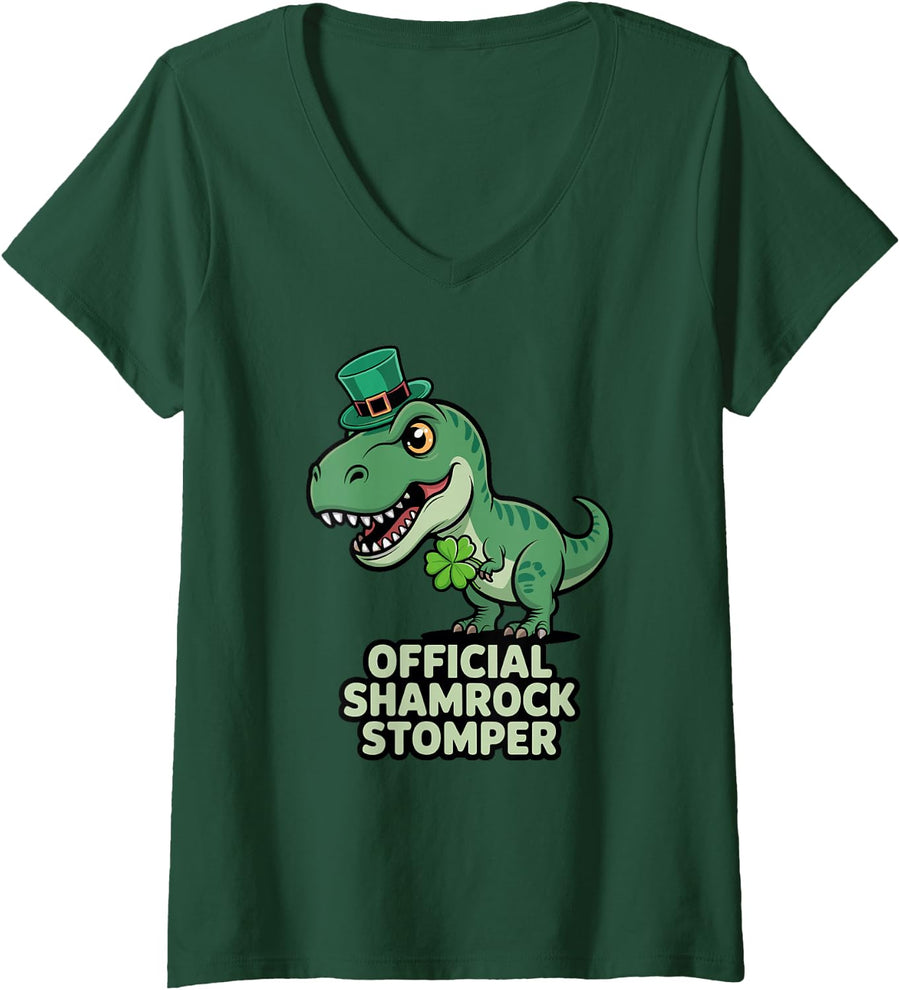 Women's Official Shamrock Stomper St Patricks Day T-Rex Dinosaur Boy V-Neck T-Shirt - Dark Green