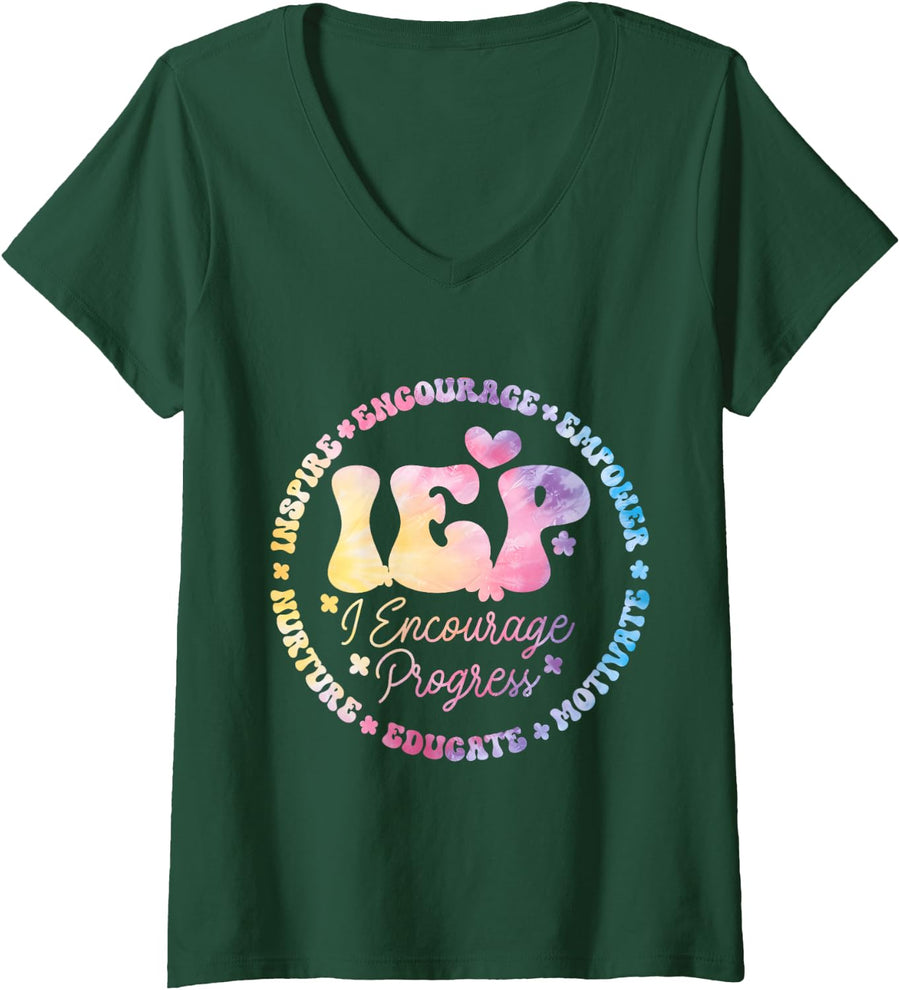 Women's Groovy IEP I Encourage Progress Special Education Teacher V-Neck T-Shirt - Dark Green