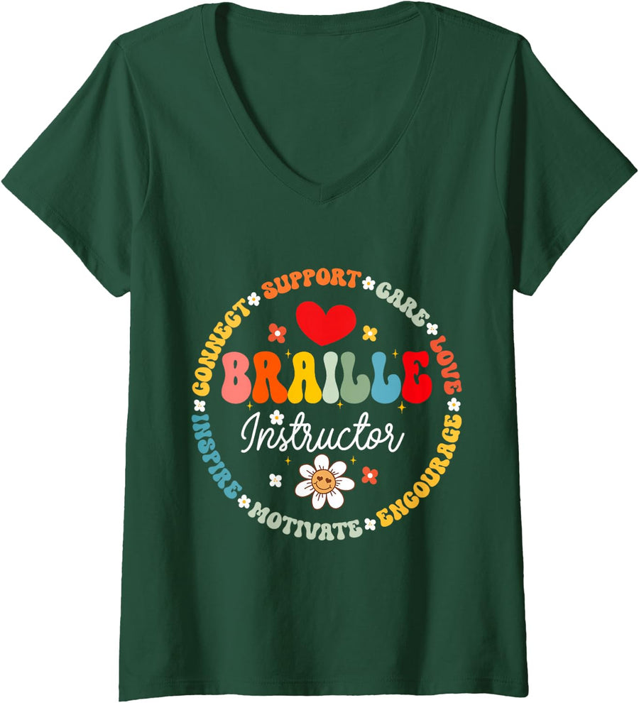 Women's Braille Instructor Teacher Language Appreciation Back School V-Neck T-Shirt - Dark Green