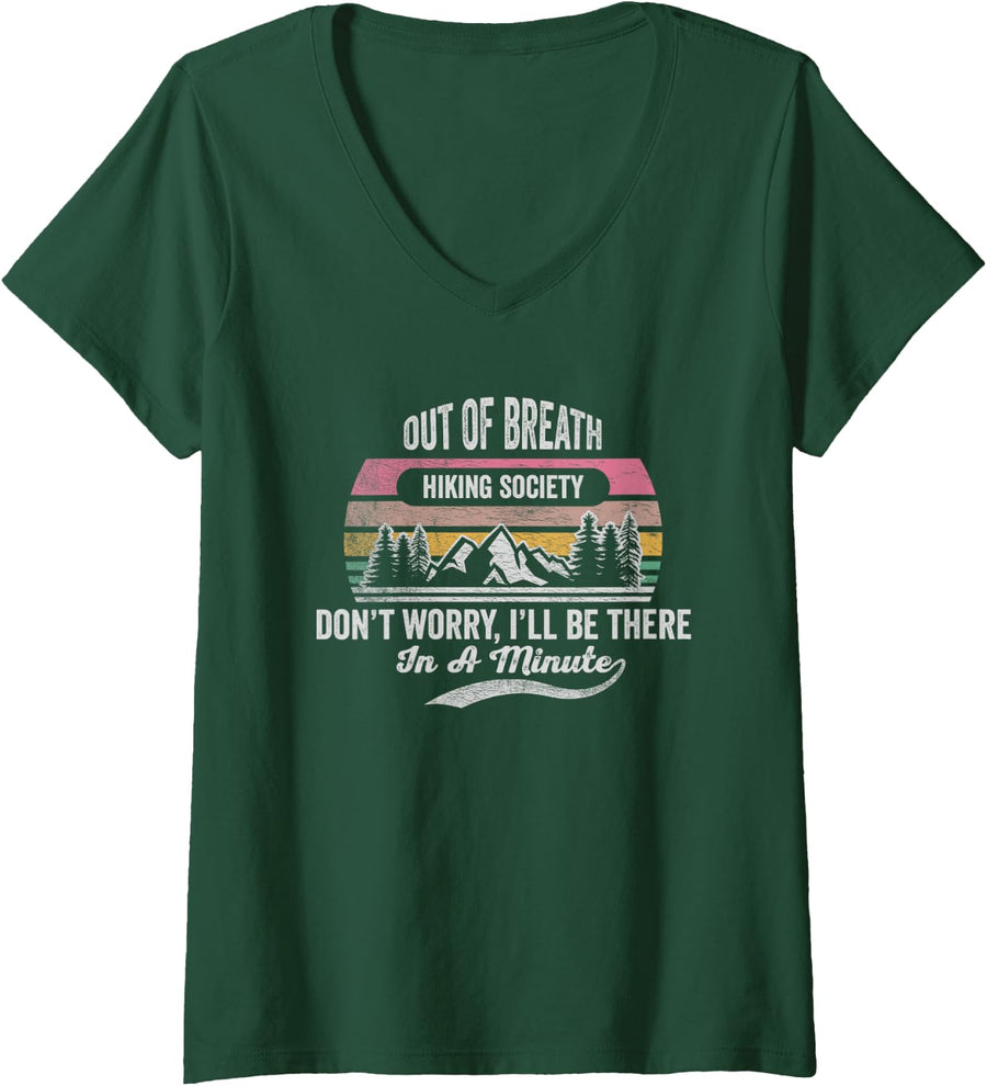Womens Vintage Out of Breath Hiking Society Mountain Adventure V-Neck T-Shirt - Dark Green
