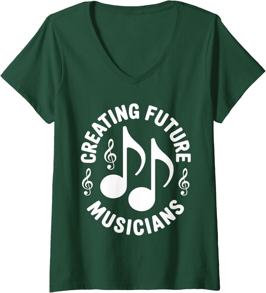 Women's Creating Future Musicians School Music Teacher V-Neck T-Shirt - Dark Green