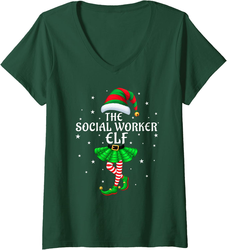 Women's Social Worker Elf Christmas Family Matching Xmas Group Funny V-Neck T-Shirt - Dark Green