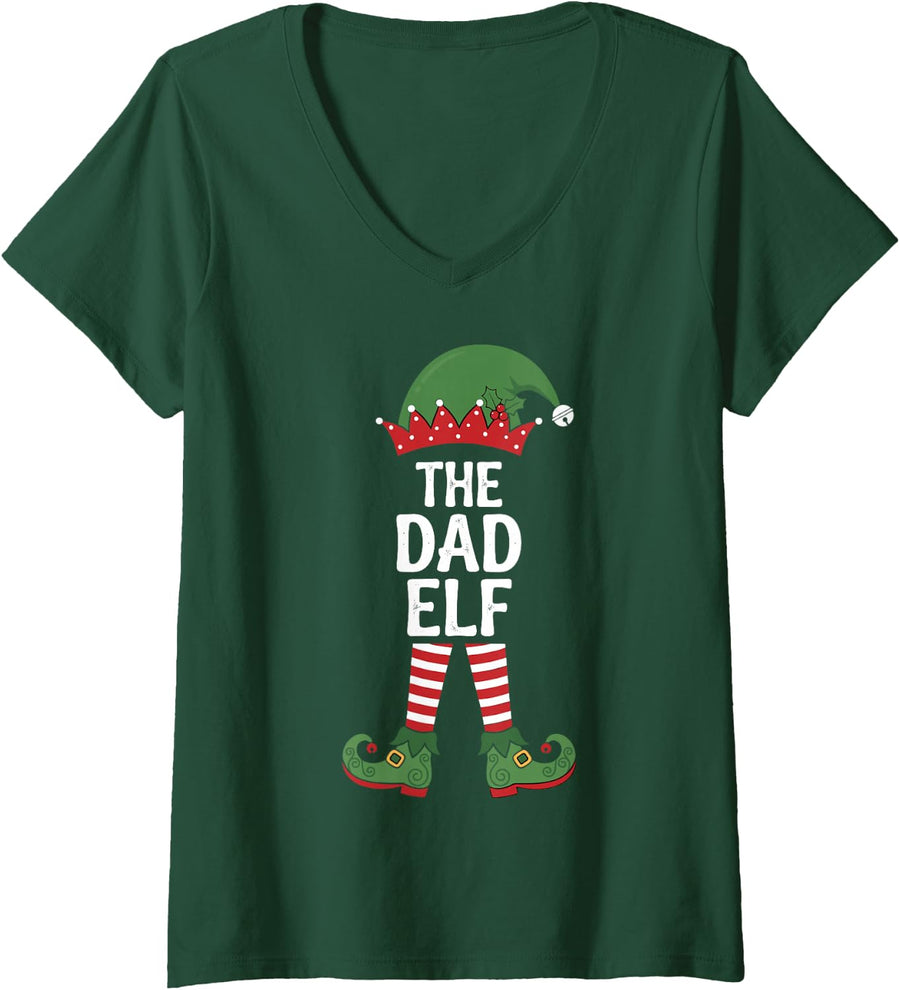 Women's The Dad Elf Holiday Xmas Party Matching Family Group V-Neck T-Shirt - Dark Green