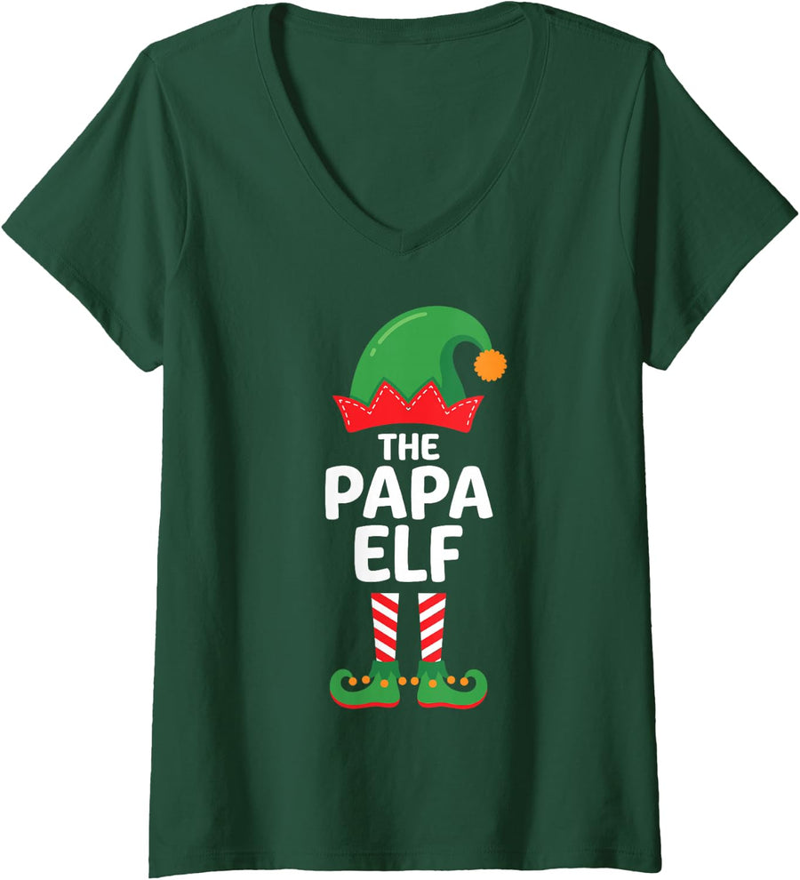 Women's The Papa Elf Ugly Christmas Funny Matching Family Group V-Neck T-Shirt - Dark Green
