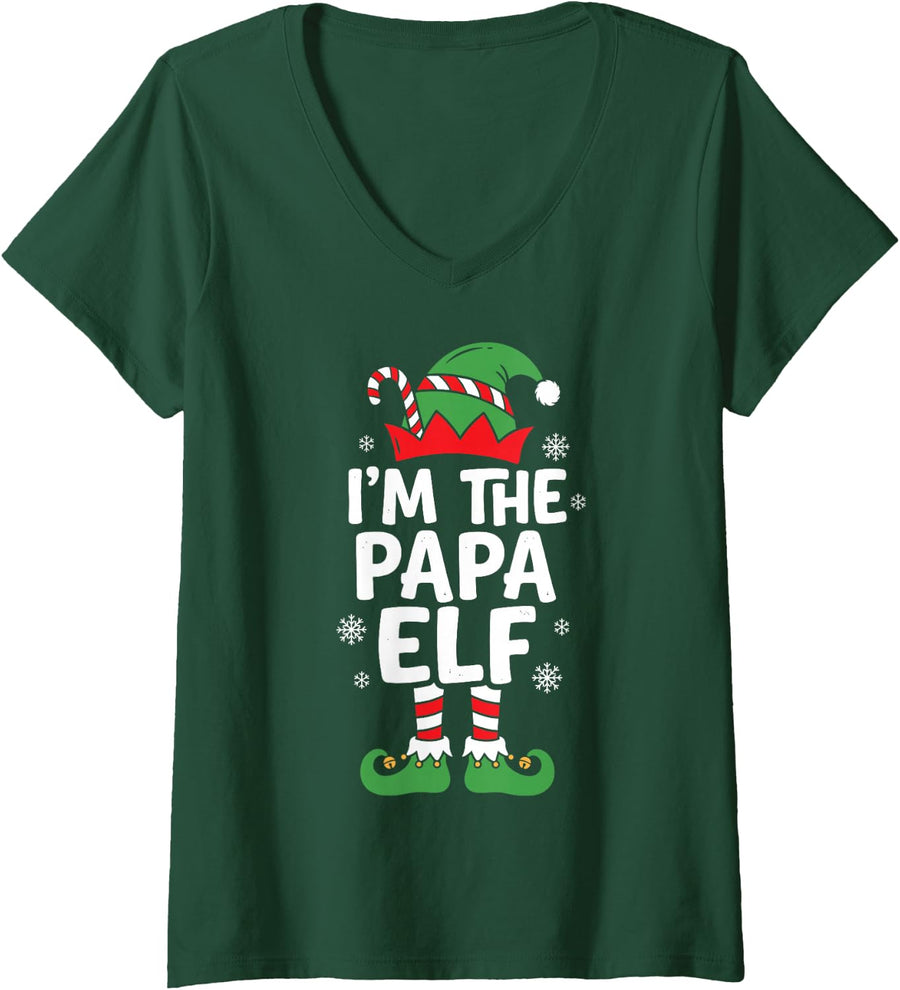 Women's I'm the Papa Elf Christmas Pajama Party Matching Family V-Neck T-Shirt - Dark Green
