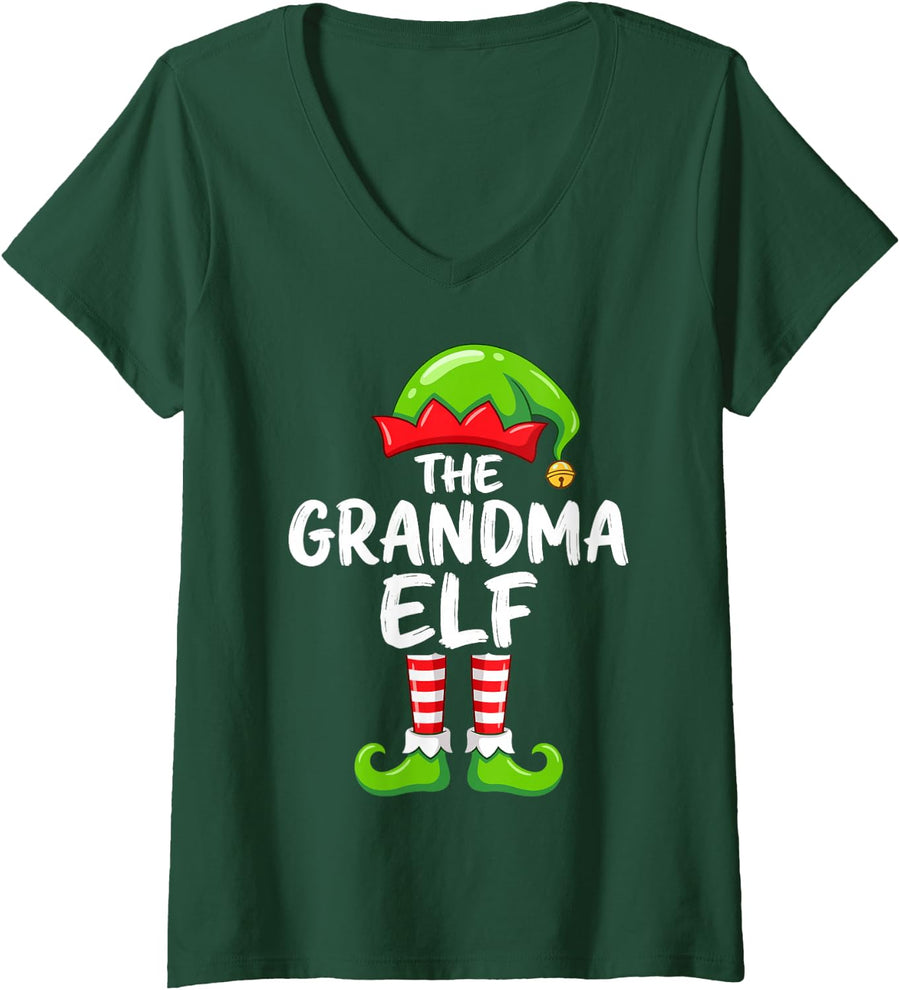 Women's The Grandma Elf Cute Christmas Pajama Party Family Group V-Neck T-Shirt - Dark Green