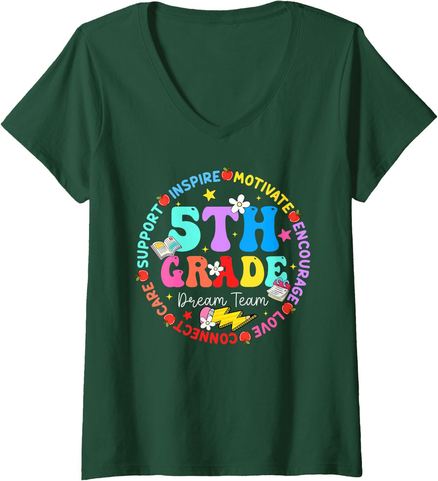 Women's Back to School Fifth Grade Dream Team Boy Girl Teacher V-Neck T-Shirt - Dark Green