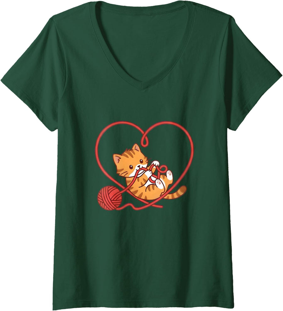 Women's Cute Kitten Playing with Yarn Ball Heart Knitting Lover V-Neck T-Shirt - Dark Green