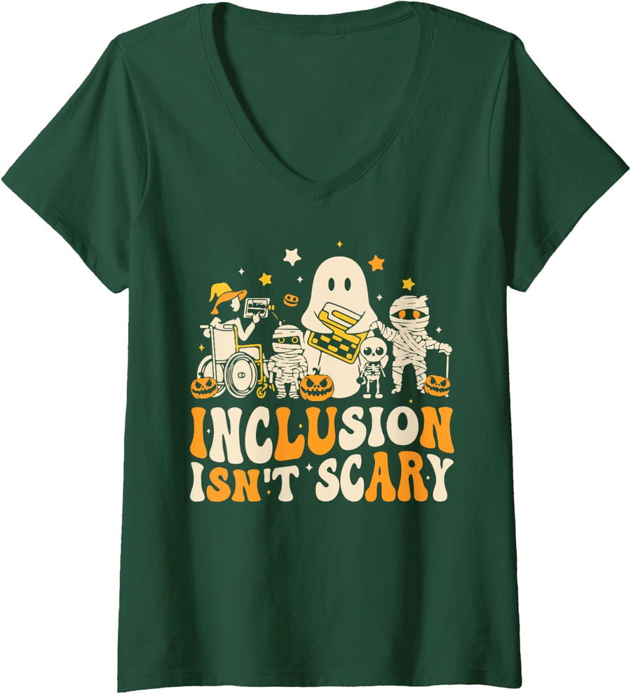 Women's Inclusion Isn't Scary Mummy Boo Ghost Halloween SLP Teacher V-Neck T-Shirt - Dark Green