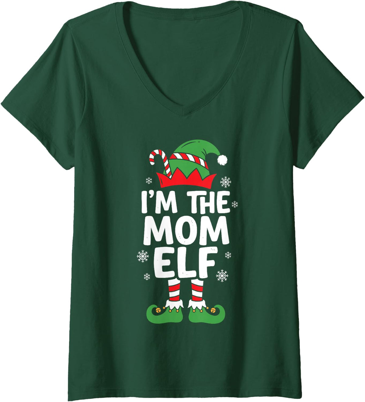 Women's I'm the Mom Elf Cute Christmas Pajama Party Family Group V-Neck T-Shirt - Dark Green