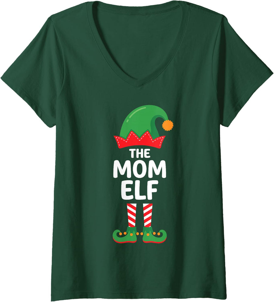 Women's The Mom Elf Ugly Christmas Party Funny Family Matching V-Neck T-Shirt - Dark Green